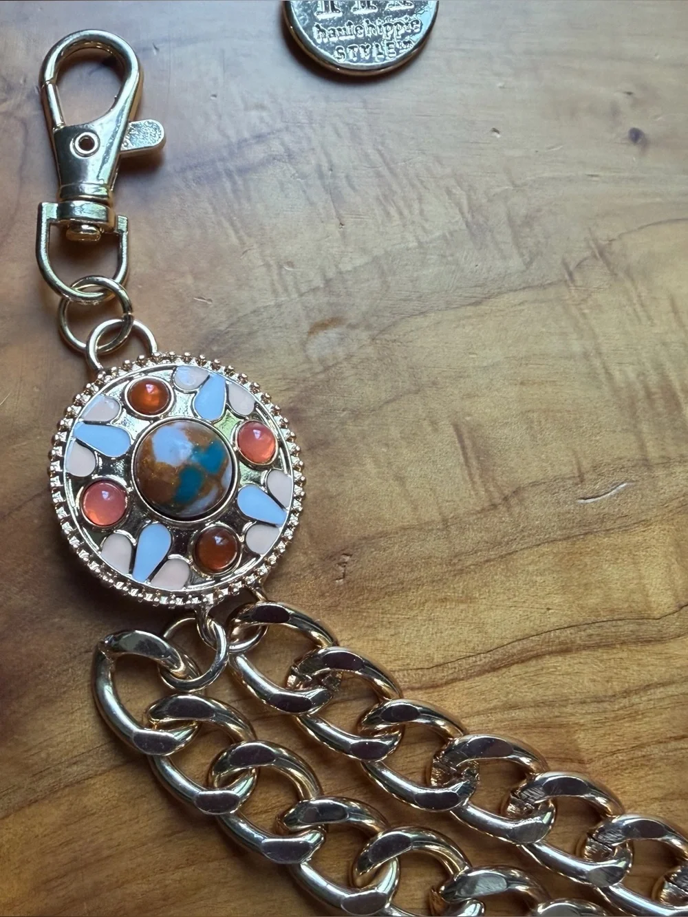 Haute Hippie Gold Chain Belt with Coral and Turquoise Medallion